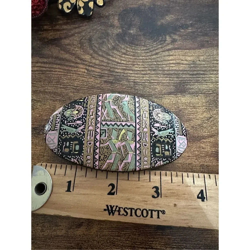 Vintage Hair Clip barrette Egyptian hieroglyphics Retro 1990s 3.75” Black Pink